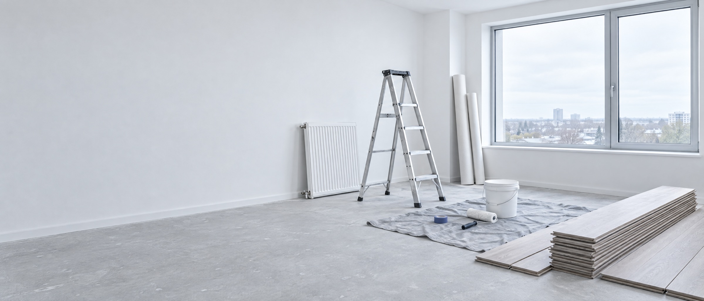 Lichte kamer in renovatie met ladder, verfpot, verfroller, behangrollen, laminaat en een radiator